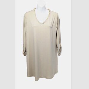NWOT Susan Graver Liquid Knit Top Ruche Ruffle Detail Sleeves Beige Small